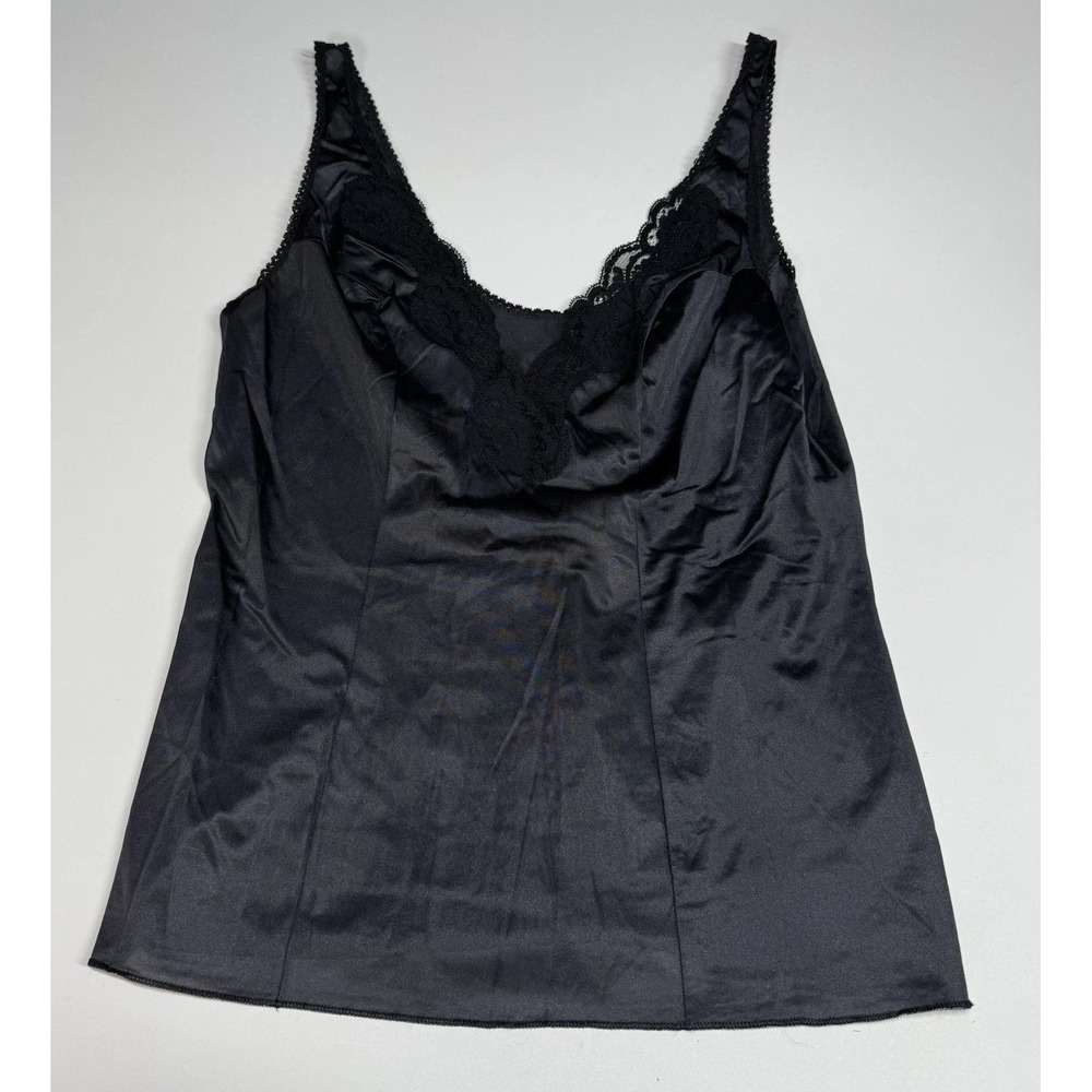 VTG VASSARETTE Silky Black Nylon V-Neck Satin Lace Trim Cami Tank Top Size 36